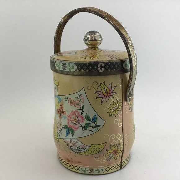 Floral Biscuit Tin With Handle Asian Style Tin Flowers and Butterflies Vintage - Picture 6 of 10